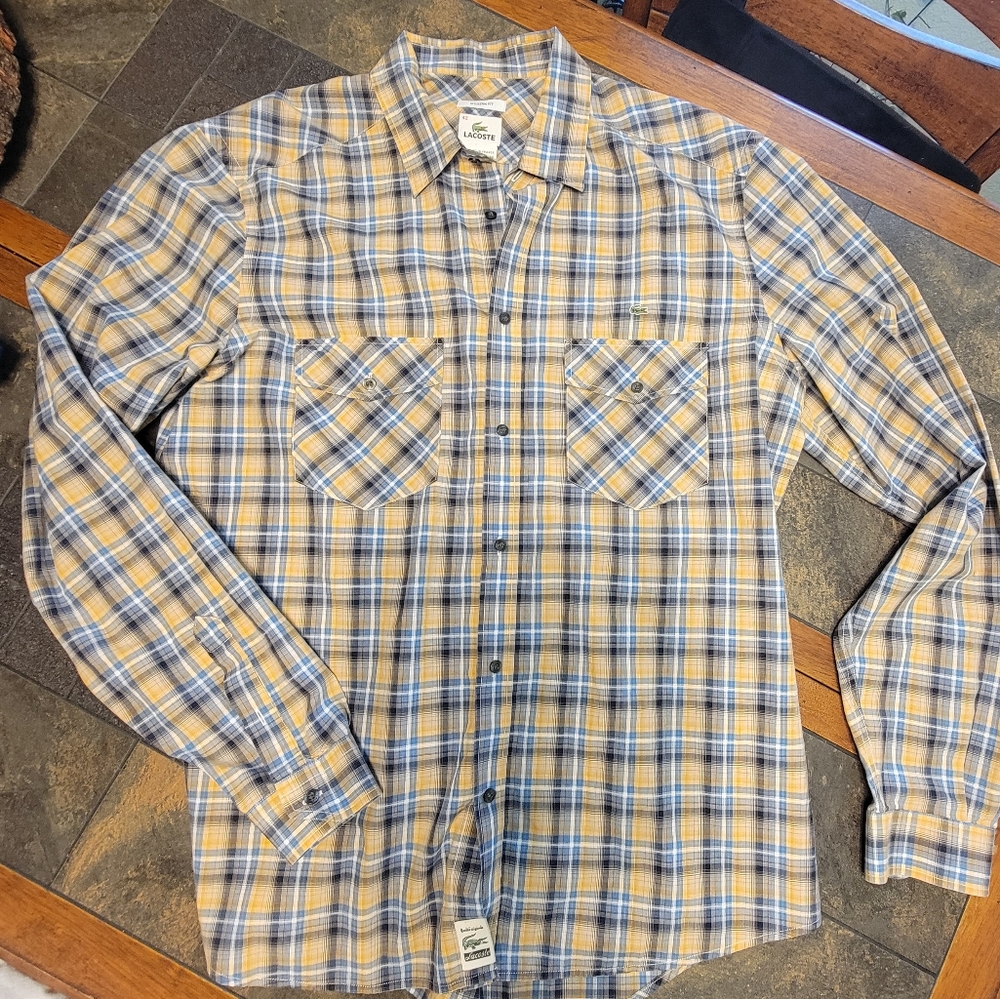Lacoste Blue and Tan Plaid Men's Shirt